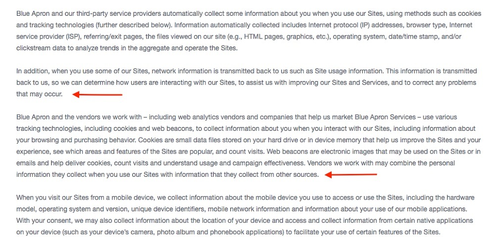 Blue Apron Privacy Policy: Information collection via third party and cookies section