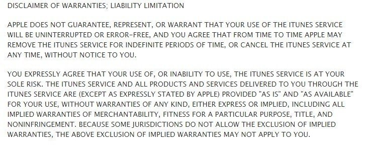 Apple iTunes Store Terms on Disclaimer