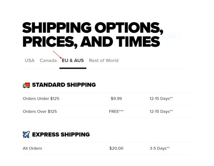Screenshot of Fashion Nova Shipping Options Prices and Times