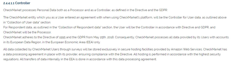 CheckMarket GDPR Privacy Policy: Data Controller clause for GDPR requirements