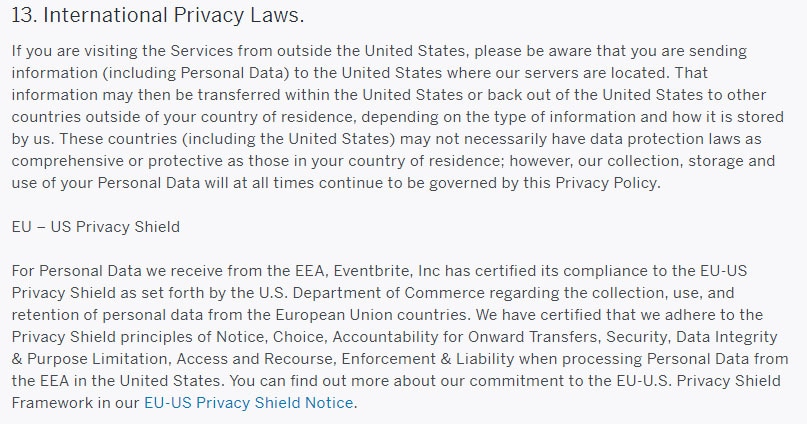 Eventbrite Privacy Policy: International Privacy Laws clause including Privacy Shield