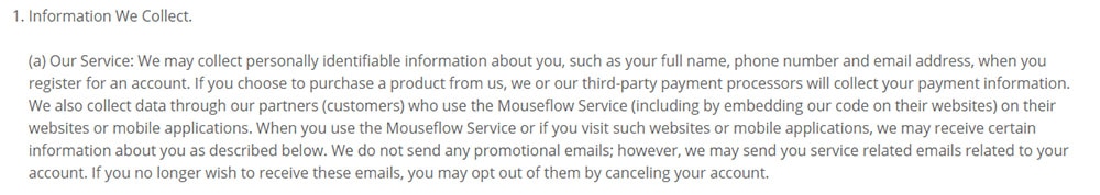 Mouseflow GDPR Privacy Policy: Information We Collect clause