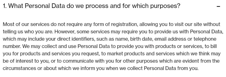 Novartis Privacy Policy: What Personal Data do we process and for which purpose clause