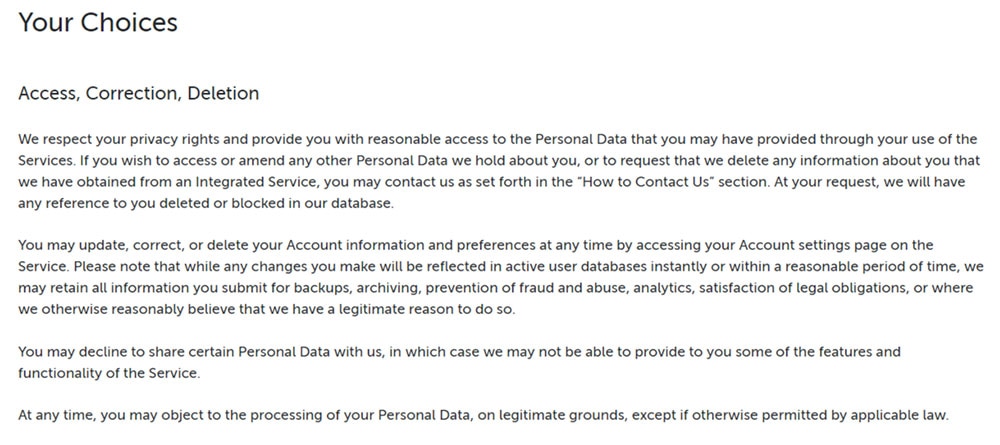Pipedrive GDPR Privacy Policy: Access, Correction, Deletion clause