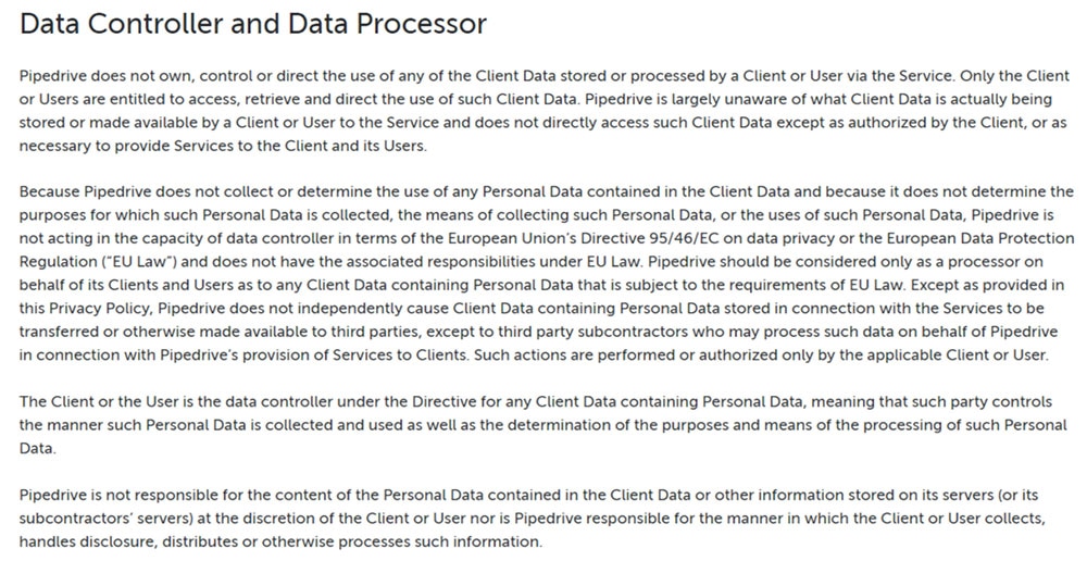 Pipedrive GDPR Privacy Policy: Data Controller and Data Processor clause