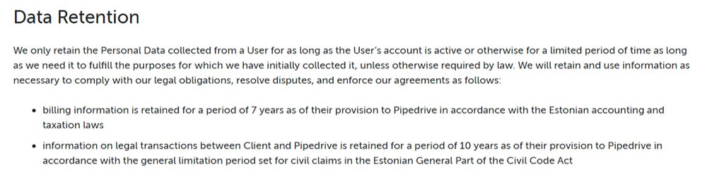 Pipedrive GDPR Privacy Policy: Data Retention clause
