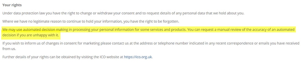 Towergate fair Processing Notice: Your Rights section: Automated decision-making: GDPR