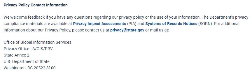 US Department of State Privacy Policy: Contact Information clause