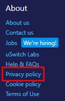 uSwitch Privacy Policy link in website footer