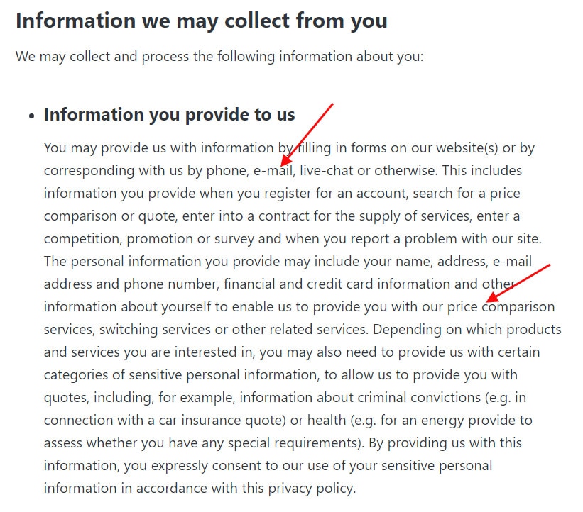 uSwitch Privacy Policy: Information You Provide clause with email address usage noted