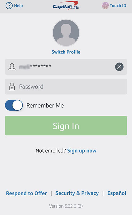 Capital One Mobile App Sign-in with link to Security and Privacy Policy