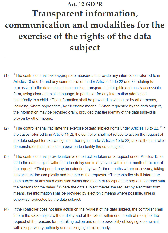 Intersoft Consulting: GDPR Article 12: Transparent information, communication and modalities for the exercise of the rights of the data subject