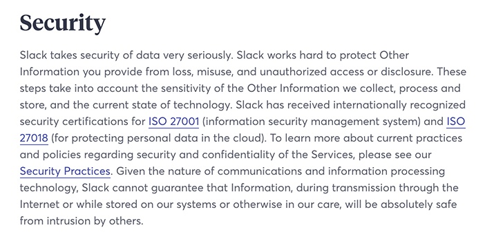 Slack Privacy Policy: Security clause