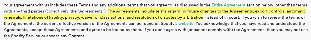 Spotify Terms and Conditions of Use: Introduction clause - Incorporated agreements section