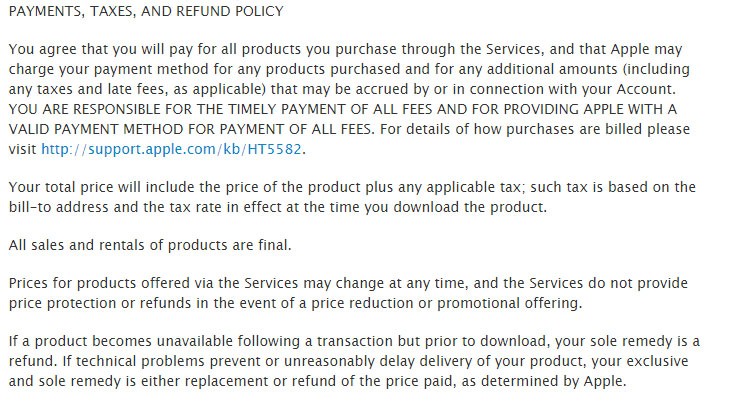 Apple US Terms and Conditions do not offer refunds