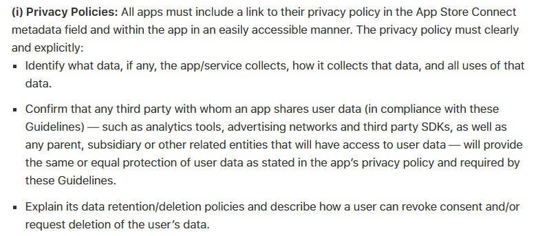 Apple App Store Review Guidelines: Data Collection and Storage - Privacy Policies clause