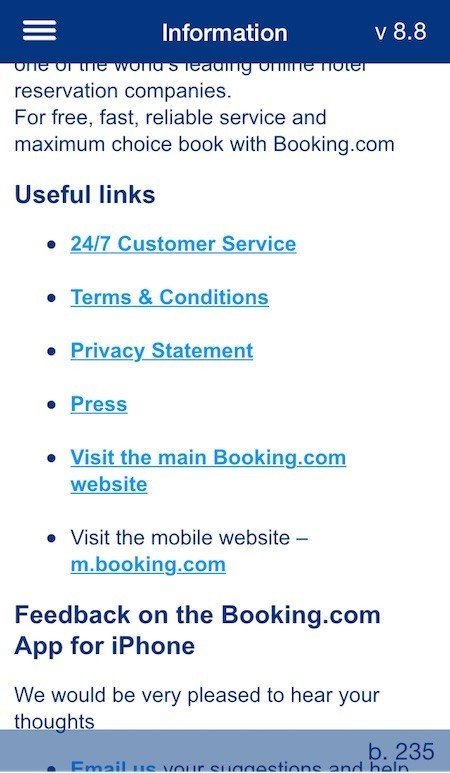 Screenshot of Booking iOS App: Information Screen