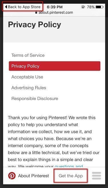 Privacy Policy of Pinterest shows Get the App button