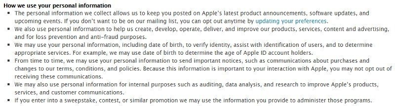 How we use your information clause in Apple ID Privacy