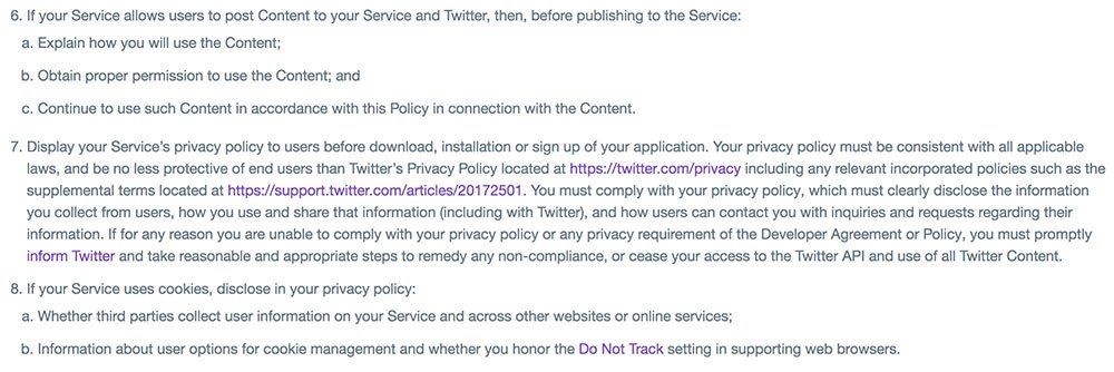 Twitter Developer Policy: Clause requiring Privacy Policy to be displayed when using social login
