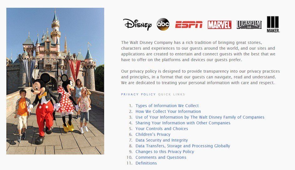 Screenshot of Disney Privacy Policy
