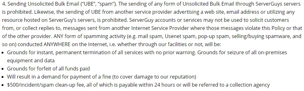 ServerGuy Acceptable Use Policy: Sending spam clause