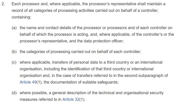 GDPR Article 30: Section 2: Records of processing activities
