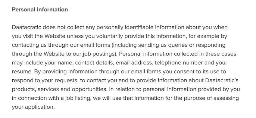 Datacratic excerpt on Personal Info in Privacy Policy