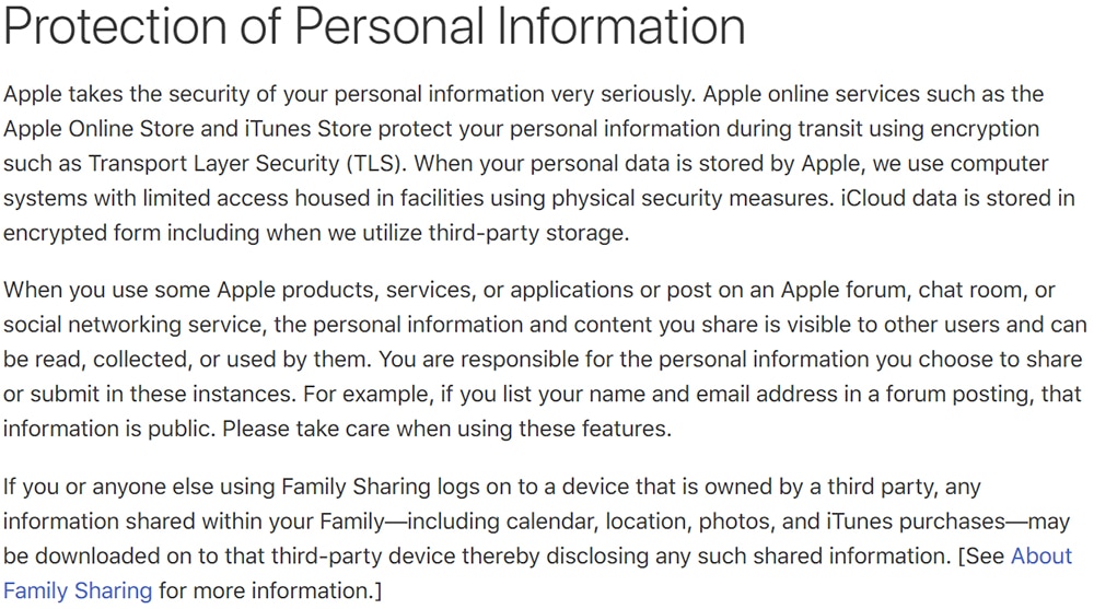 Apple Privacy Policy: Protection of Personal Information Clause