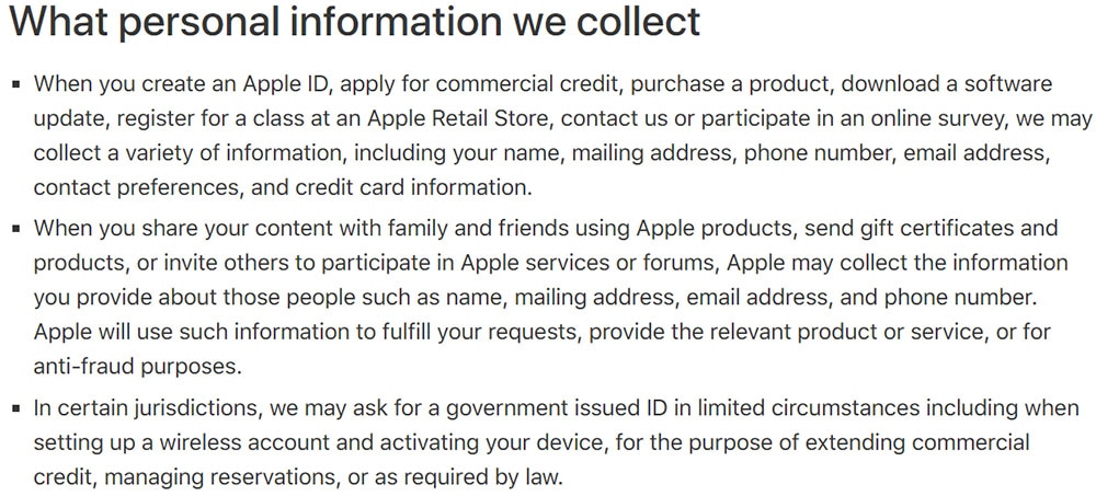 Apple Privacy Policy: What Personal Information we Collect clause