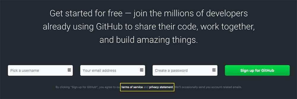 GitHub: Screenshot of sign-up form in footer with Terms of Service and Privacy Statement links highlighted 