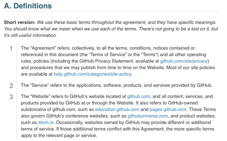 Github Terms of Service: Definitions clause