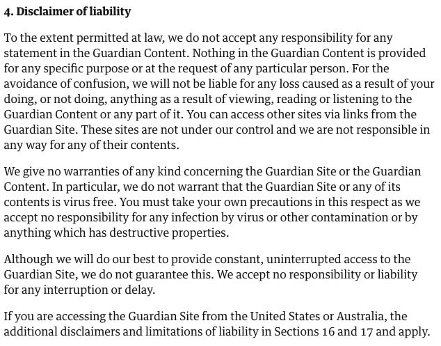 The Guardian Terms of Service: Disclaimer of Liability clause