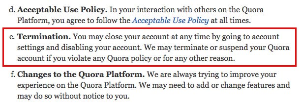 Quora Terms of Service: Termination clause