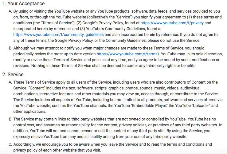 YouTube Terms of Service: Screenshot of introduction with Your Acceptance and Service clauses 