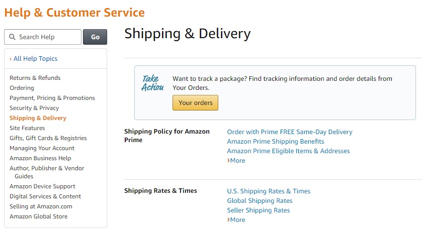 Amazon Help and Customer Service: Shipping and Delivery section