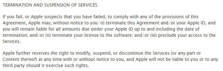 Apple Terms & Conditions: Termination if intellectual property is violated