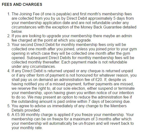 Fees and charges in Pure Gym Terms and Conditions