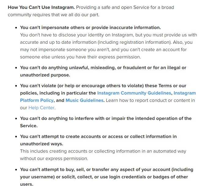 Instagram Terms of Use: Prohibited Activities clause excerpt