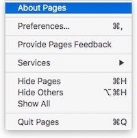 Apple Pages: About menu > About Pages