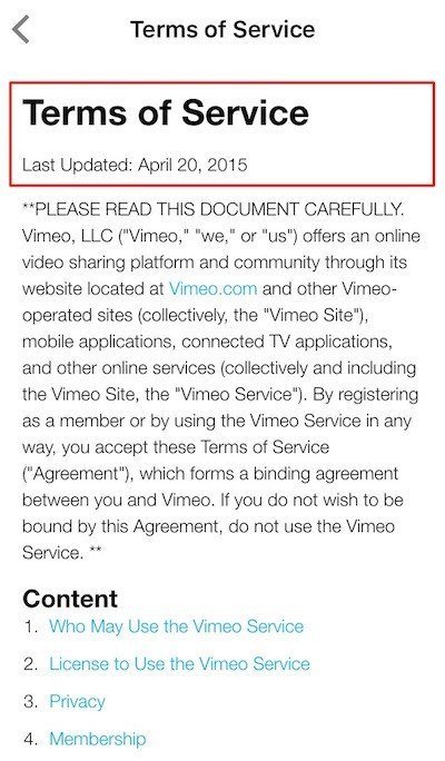 Vimeo iOS app: Terms of Service is embedded