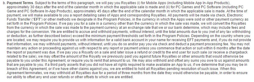 Payment terms clause in Amazon Appstore Distribution terms of Use