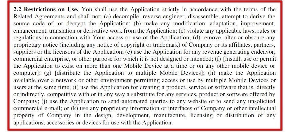 Example of Restrictions of Use clause in EULA