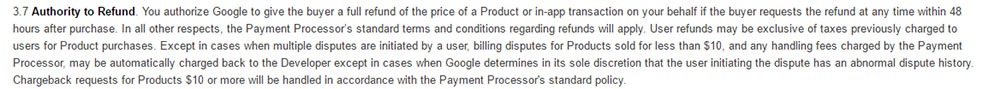 Authority to Refund by Google in Google Play Store Distribution Agreement