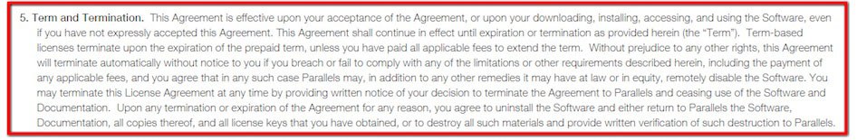 Termination clause in EULA of Parallels software