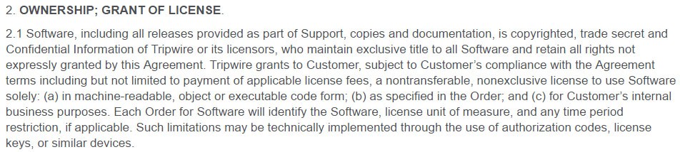 Tripwire EULA: Ownership and Grant of License clause