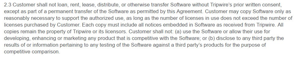 Tripwire EULA: Restrictions on Distributions and Copies