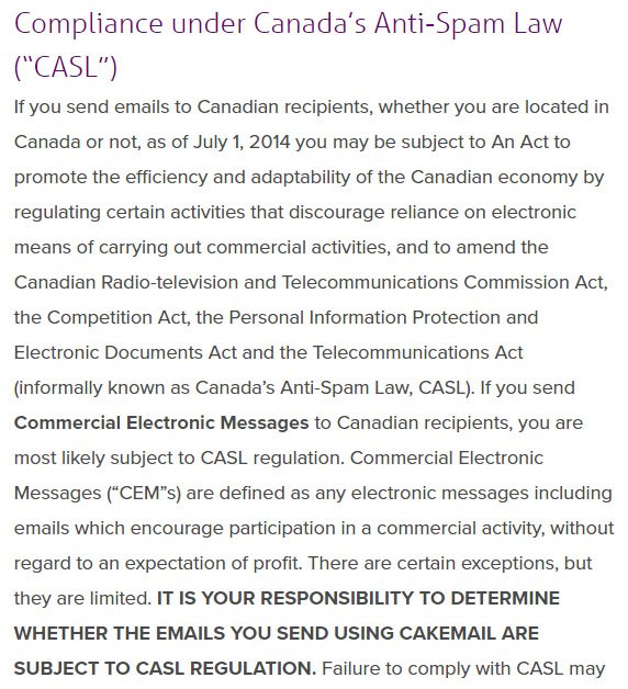 Cakemail Anti-Spam Policy: CASL compliance clause
