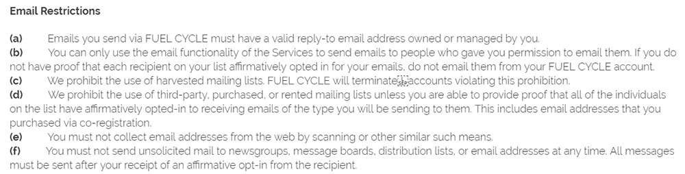 Fuel Cycle Anti-Spam Policy: Email Restrictions clause