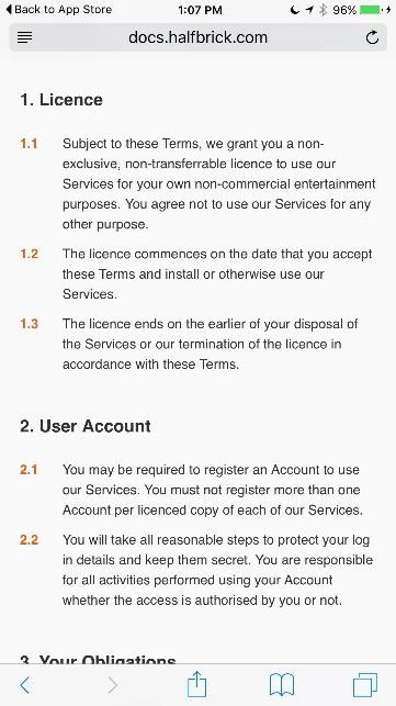 The Licence clause in Terms of Service agreement of Fruit Ninja